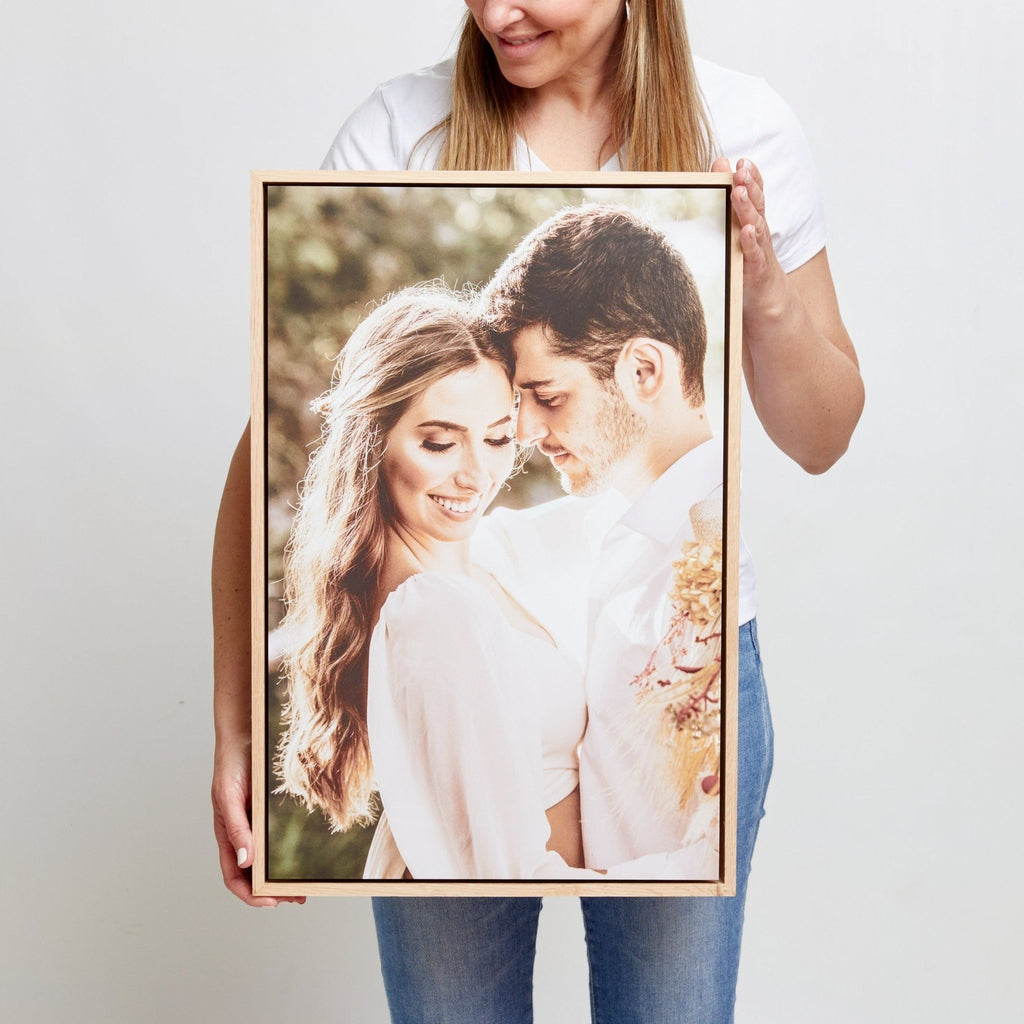 Floating frame wedding photo on wood